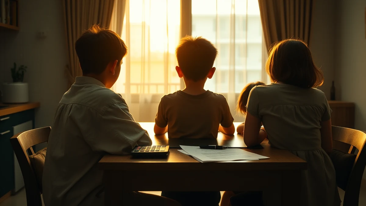 A family seen from behind at a kitchen table in warm evening light, with a calculator and papers in front of them.