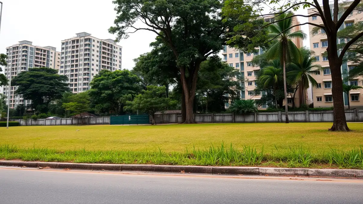 A grassy vacant plot beside a residential estate, with mature trees and apartment blocks behind a low boundary wall.