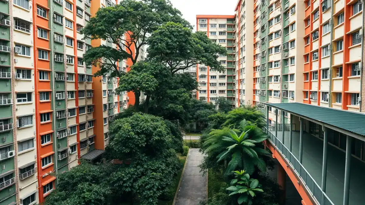 Cream, green and orange HDB apartment blocks around a courtyard of mature trees and palms, with a footpath and a covered walkway in the foreground.