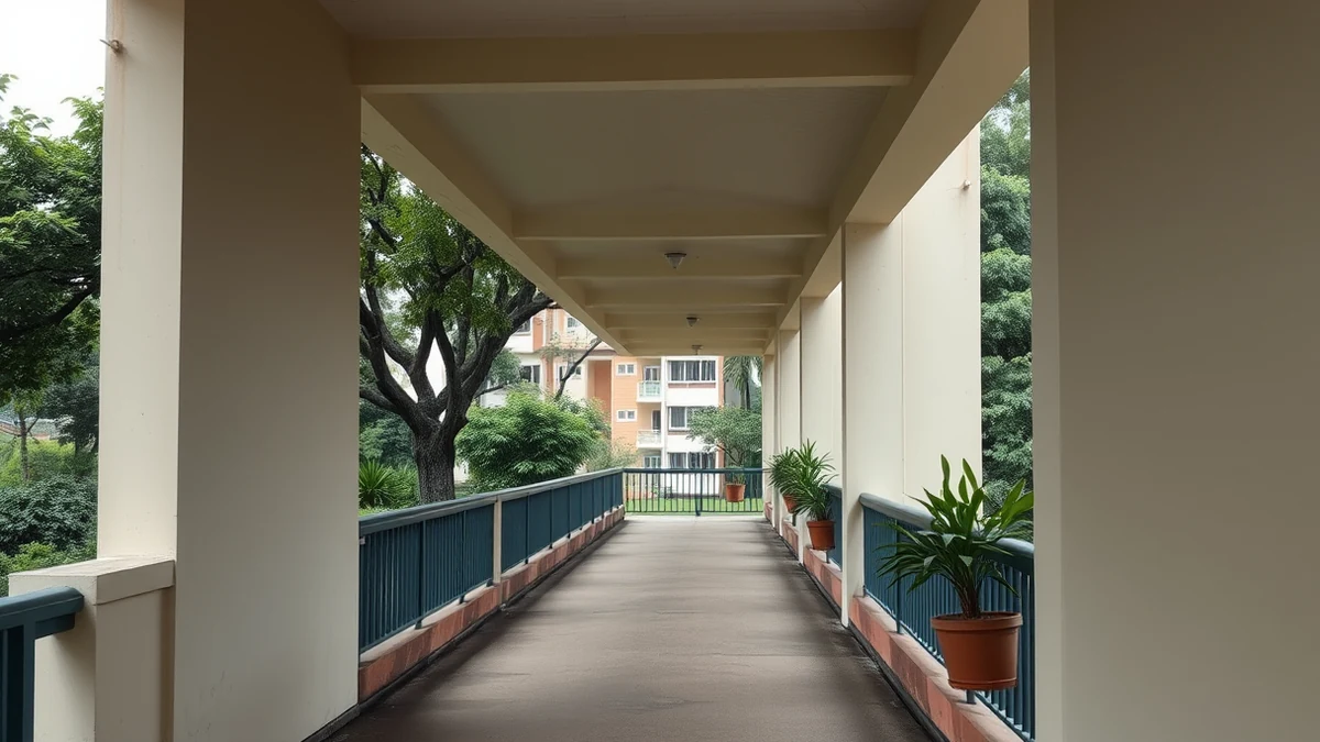 A shaded covered walkway at a Singapore HDB block, with potted plants along the railing and green trees and another housing block beyond.