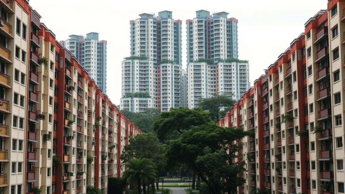 HDB blocks line a tree-shaded path in the foreground, with taller private condominium towers rising behind them.