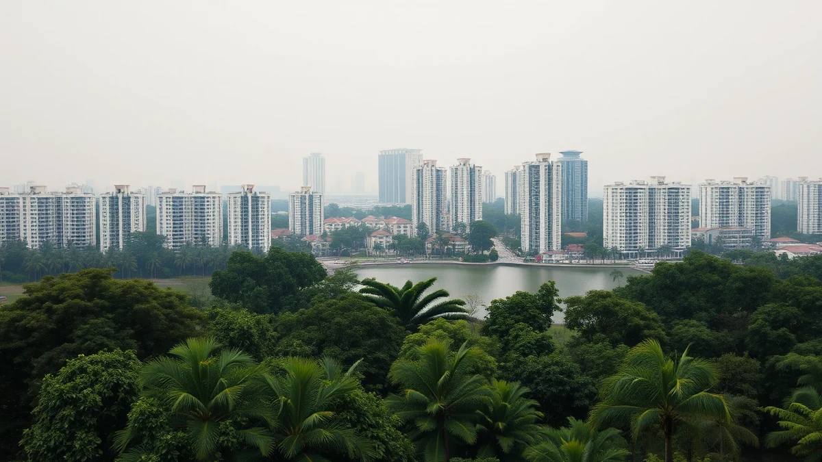A mature Singapore-style housing estate of mid-rise and high-rise blocks seen across a lake park, with dense green trees in the foreground under a soft hazy sky.