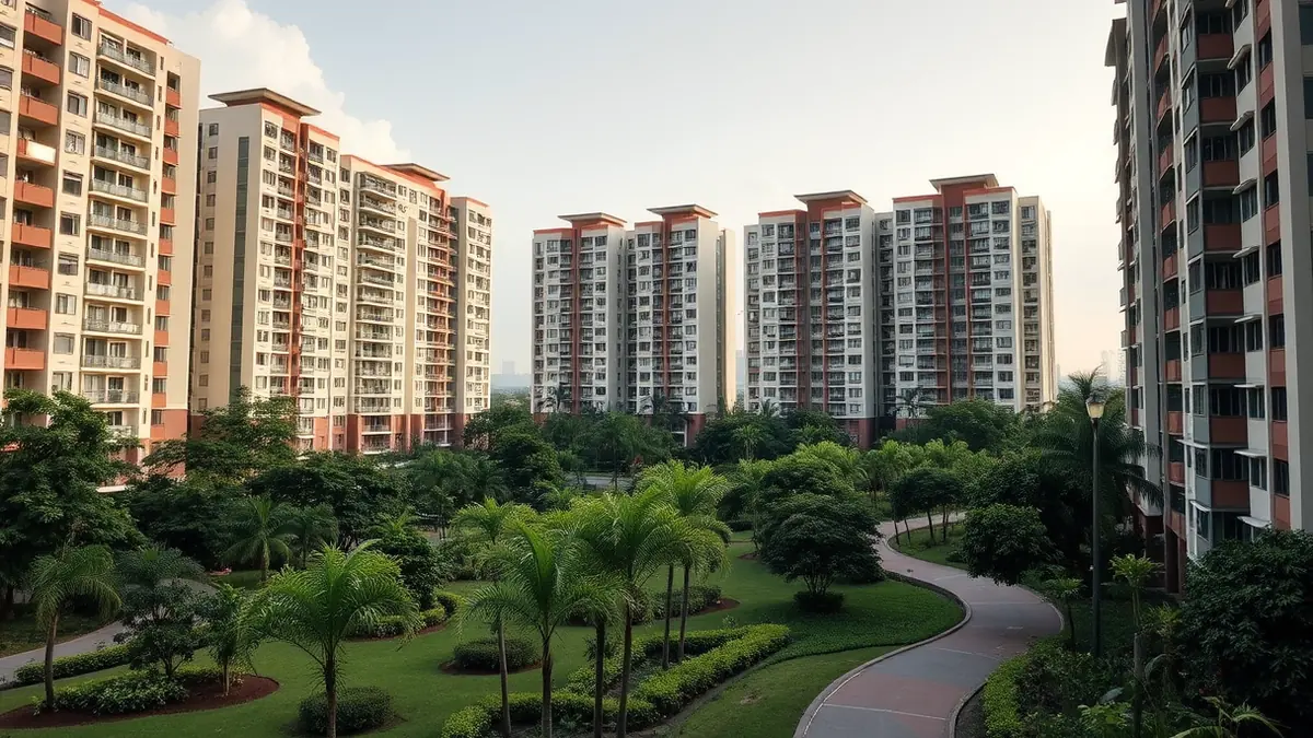 Mid-rise condominium blocks in cream and terracotta stand around a landscaped garden with palms and a curving walking path in late afternoon light.