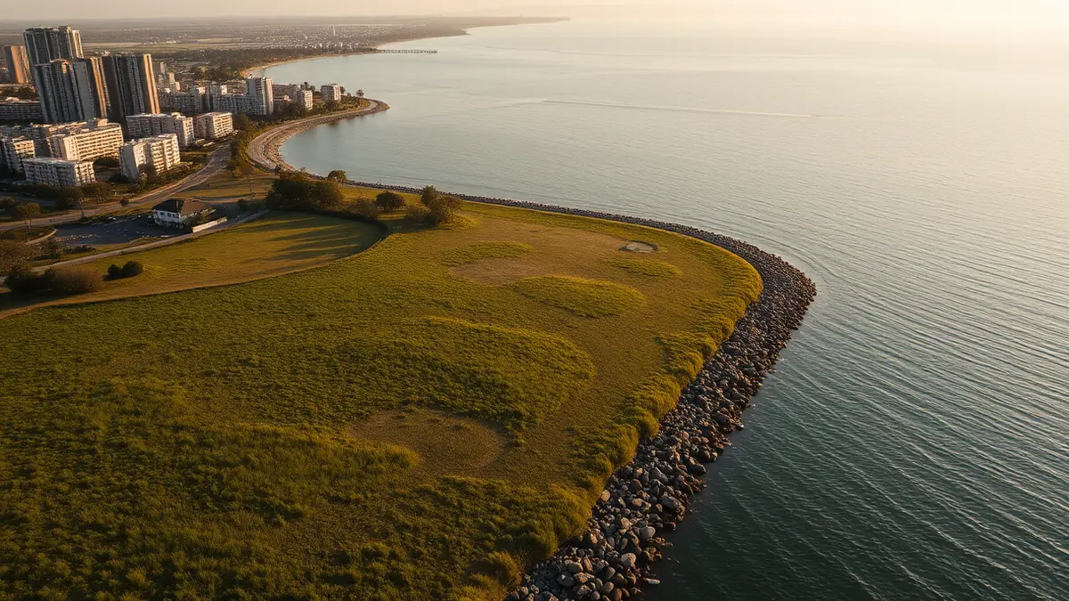Aerial view of a grassy waterfront land parcel edged by a rock seawall, with mid-rise residential blocks in the distance at sunrise.