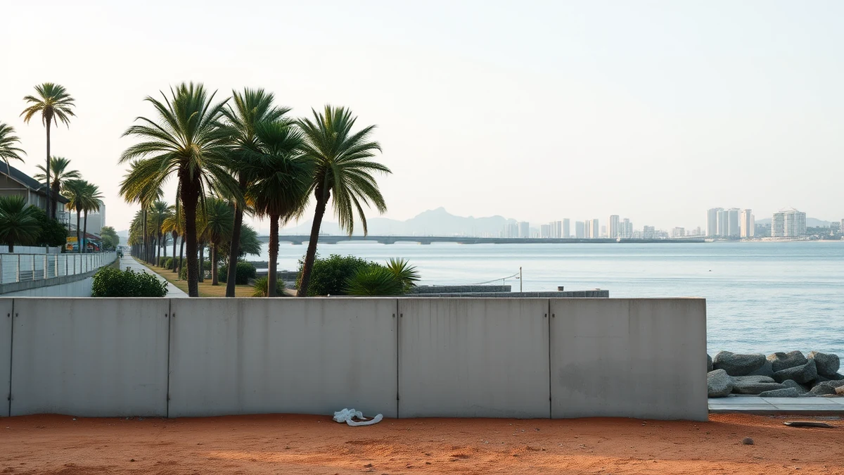 A cleared red-earth land parcel behind a plain concrete hoarding, with palm trees along a calm waterfront bay and a distant city skyline in soft light.