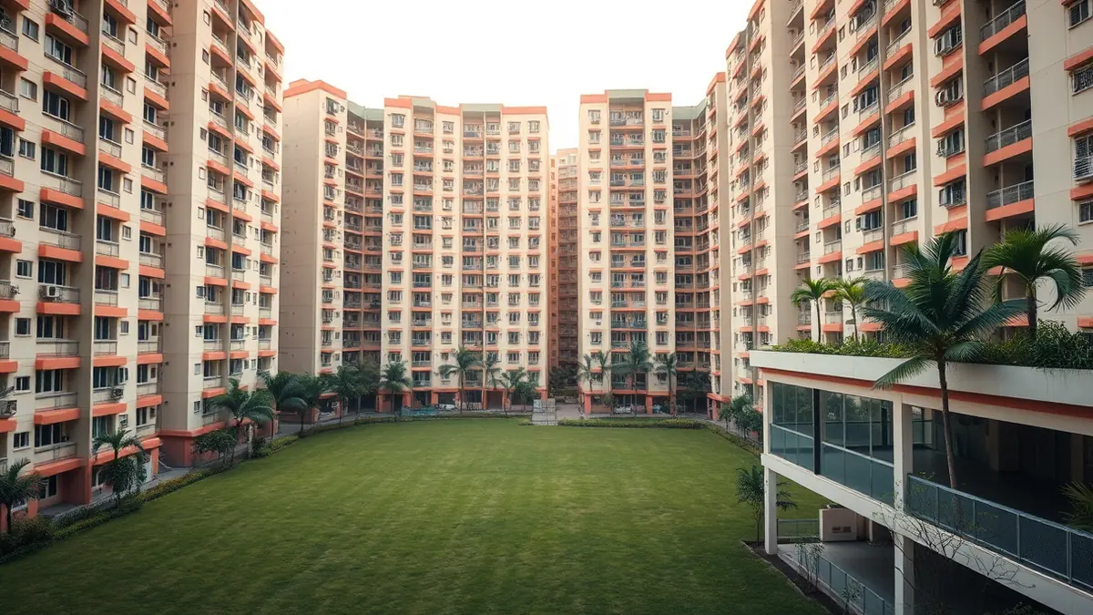 Tall public housing blocks around an empty lawn, with palm trees and a planted terrace in soft morning light.