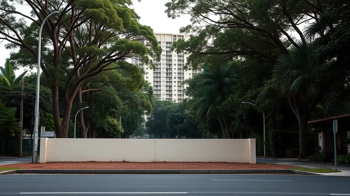 A plain cream hoarding wall on red earth beside a quiet road, with mature rain trees and palms framing a distant residential block.