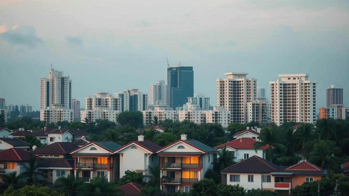 Low-rise houses with red roofs below mid-rise and high-rise apartment blocks at dusk, among palm trees.