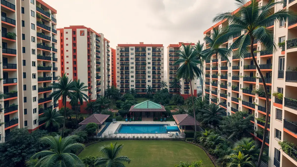 Mid-rise cream and terracotta residential blocks with planted balconies around a landscaped pool deck, a pavilion and a lawn, framed by palm trees under a soft overcast sky.