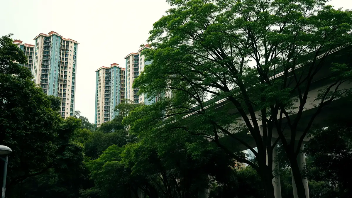 High-rise residential towers rise above mature rain trees, with an elevated MRT viaduct curving through the greenery in soft early evening light.