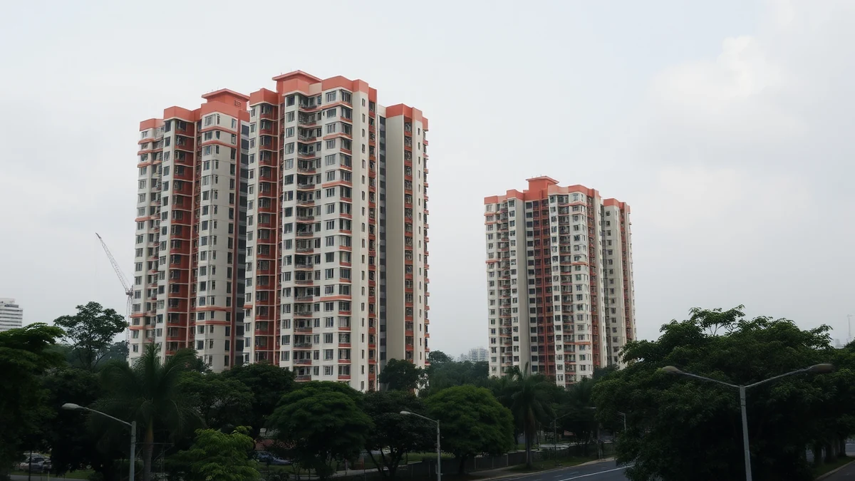 Two groups of tall residential apartment blocks with terracotta-trimmed facades behind trees and a quiet suburban road under an overcast sky.